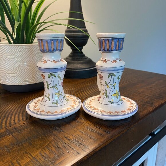 Lis Ceramica set of 2 hand painted floral ceramic candlestick holders Brazil - Picture 4 of 9